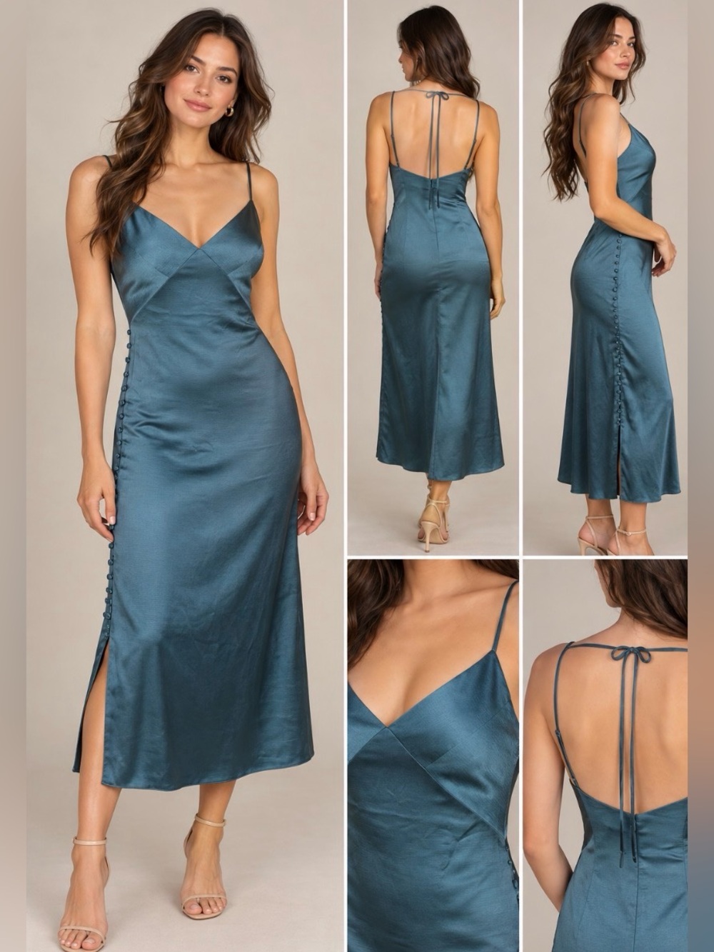 NWT Club Monaco Teal Satin Button Detail Slip Midi Dress Size 4